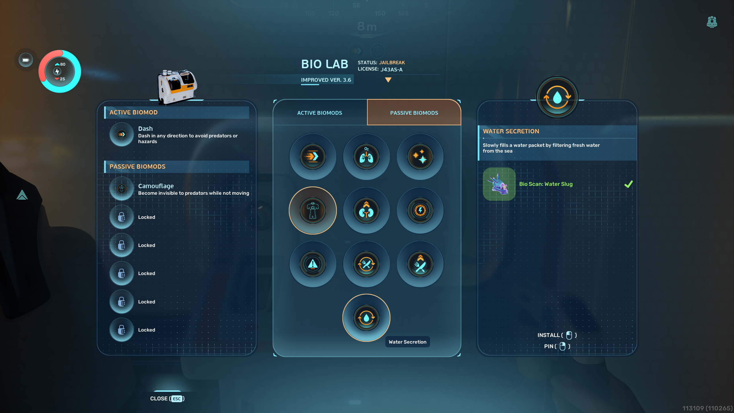 Subnautica 2 Biomods: The list of Biomods in the Bio Lab menu.
