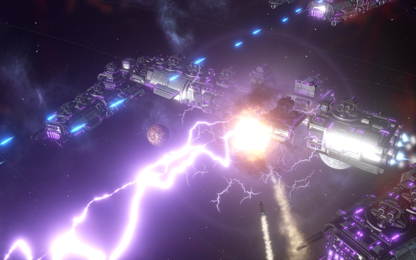 A bolt of electricity strikes a spacecraft amidships