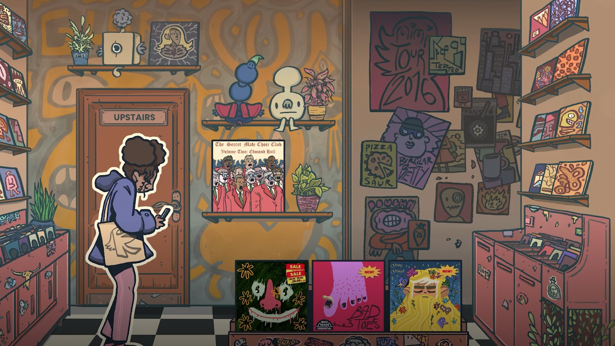 Wax Heads - A young woman standing in the corner looking at her phone inside the player's record shop