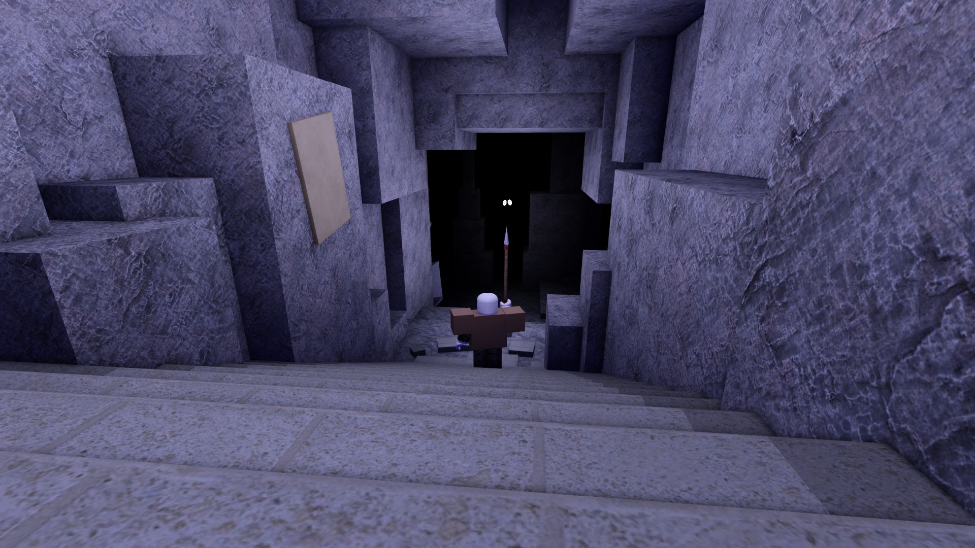A Roblox character with a spear descends into a cave, two staring eyes in the darkness beyond