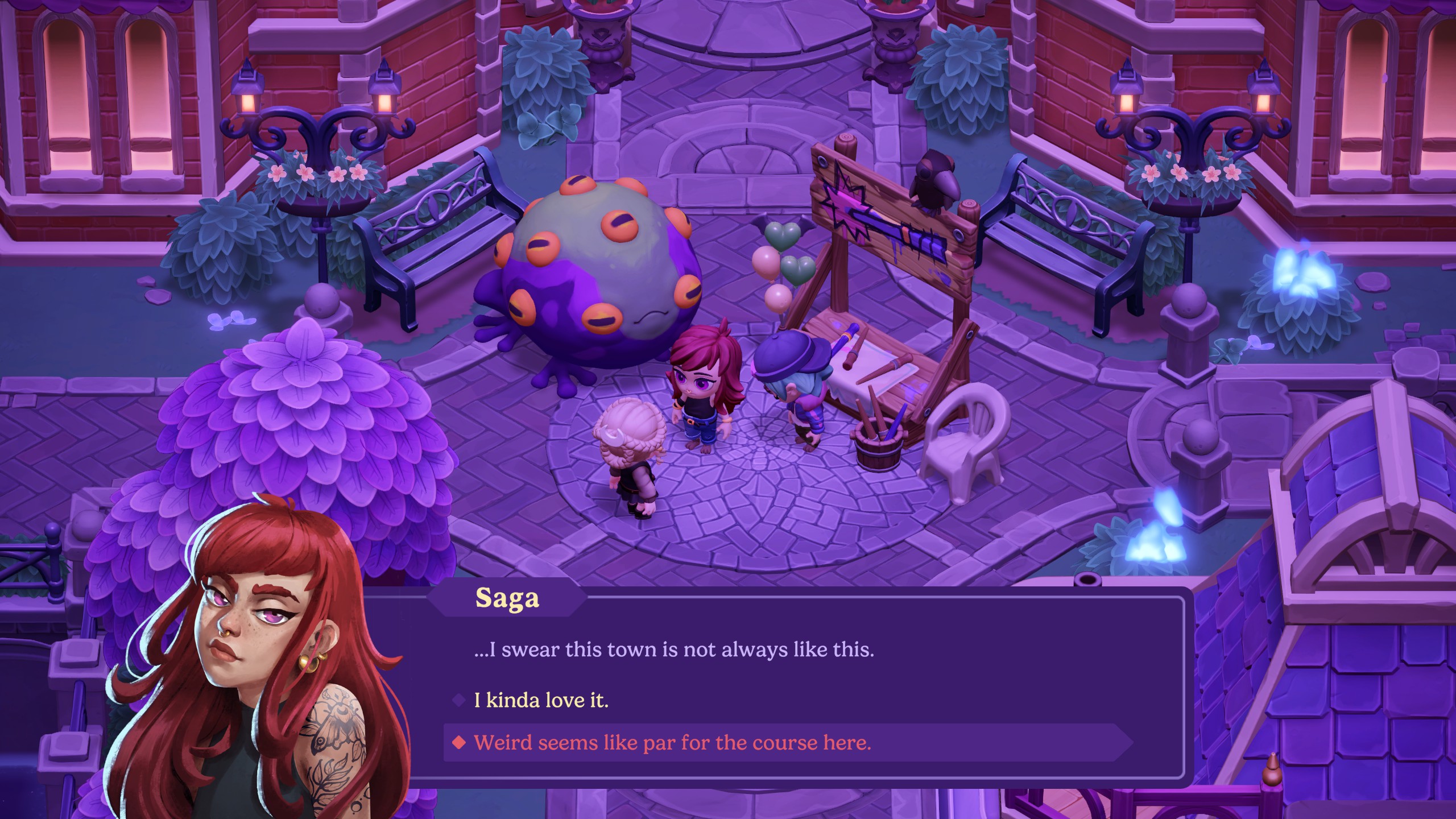 Moonlight Peaks - Saga says to the player "I swear this town isn't always like this"