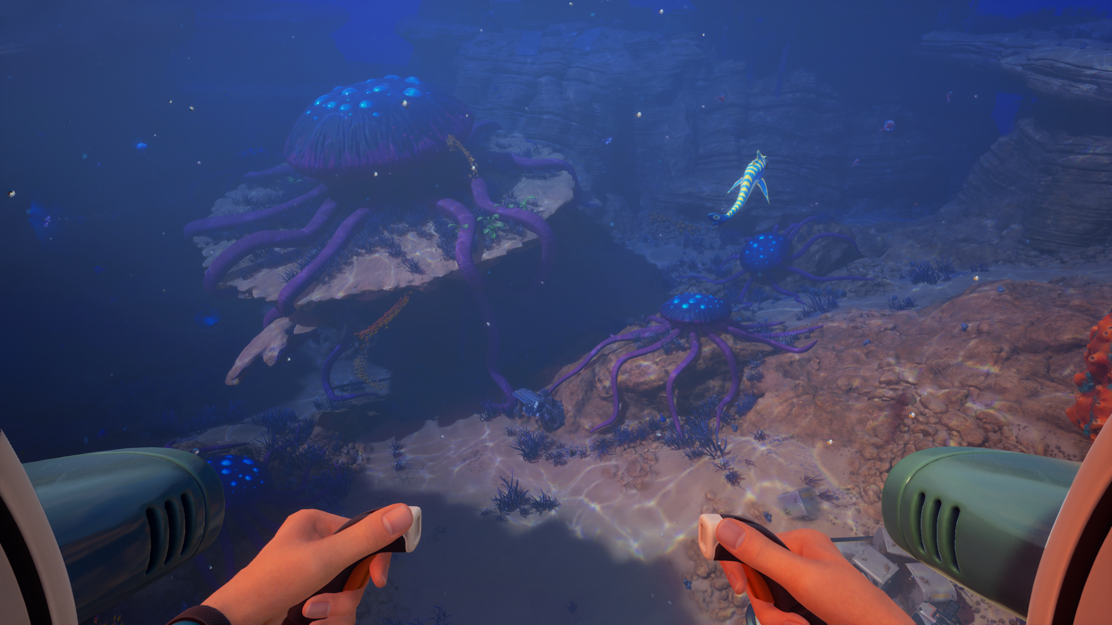 A player approaches a rocky plateau covered by a massive jellyfish structure in Subnautica 2.