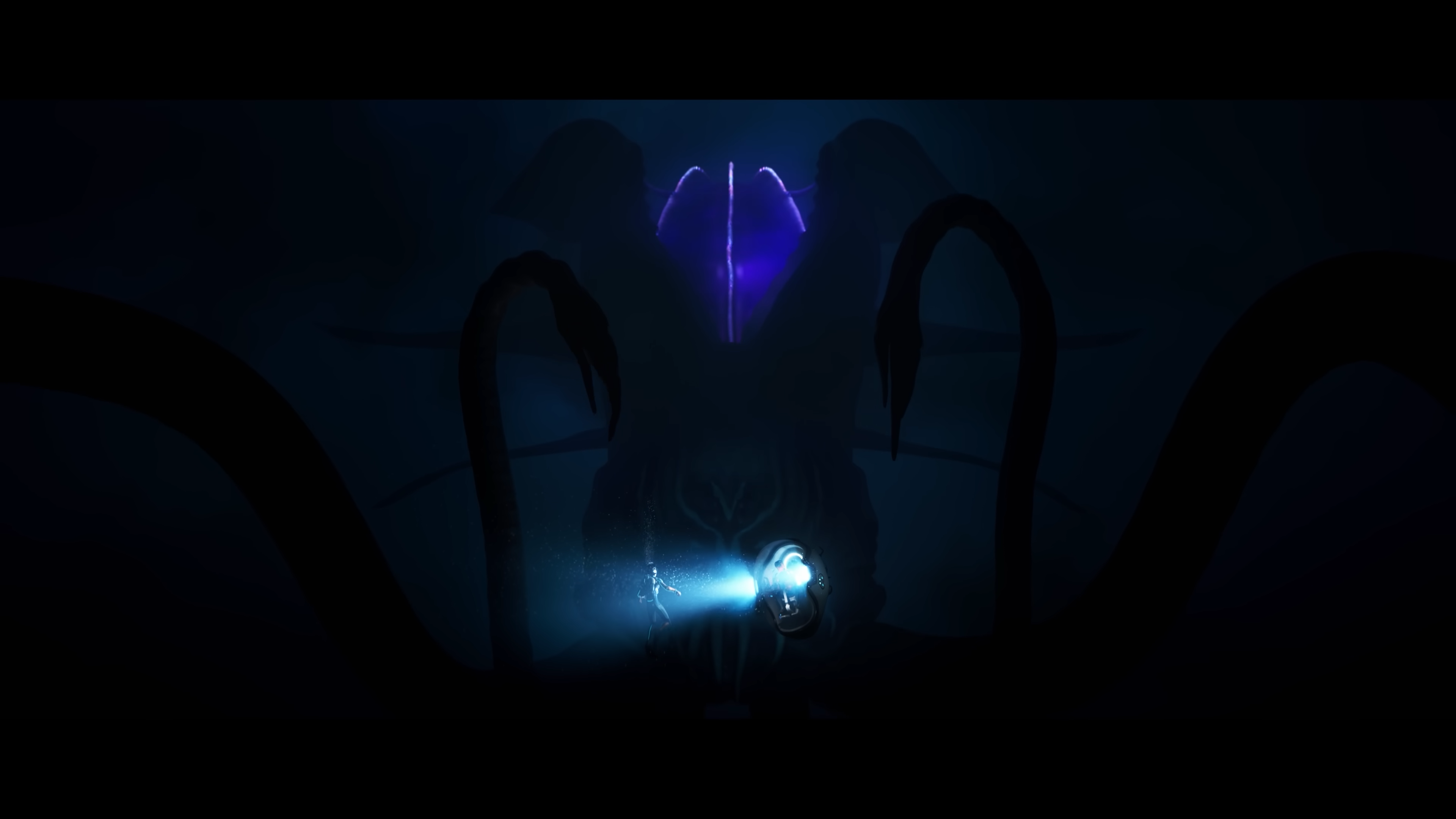 The Collector looming over two divers in the Subnautica 2 teaser trailer.