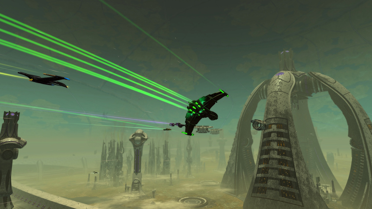 Romulan ships flying across a planet