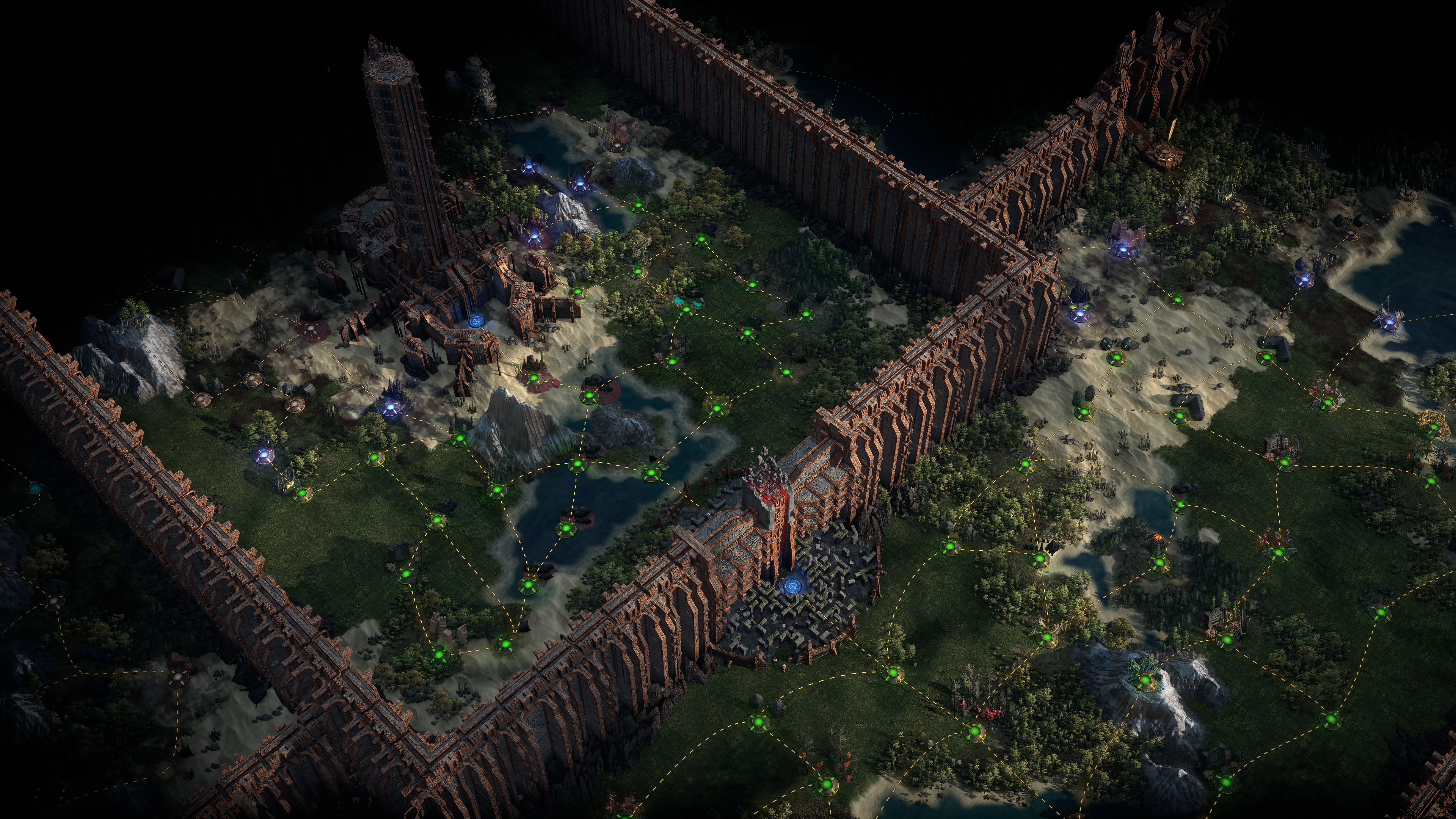 A screenshot from Path of Exile 2's Return of the Ancients expansion. A world map with massive walls and many map nodes covering each region.