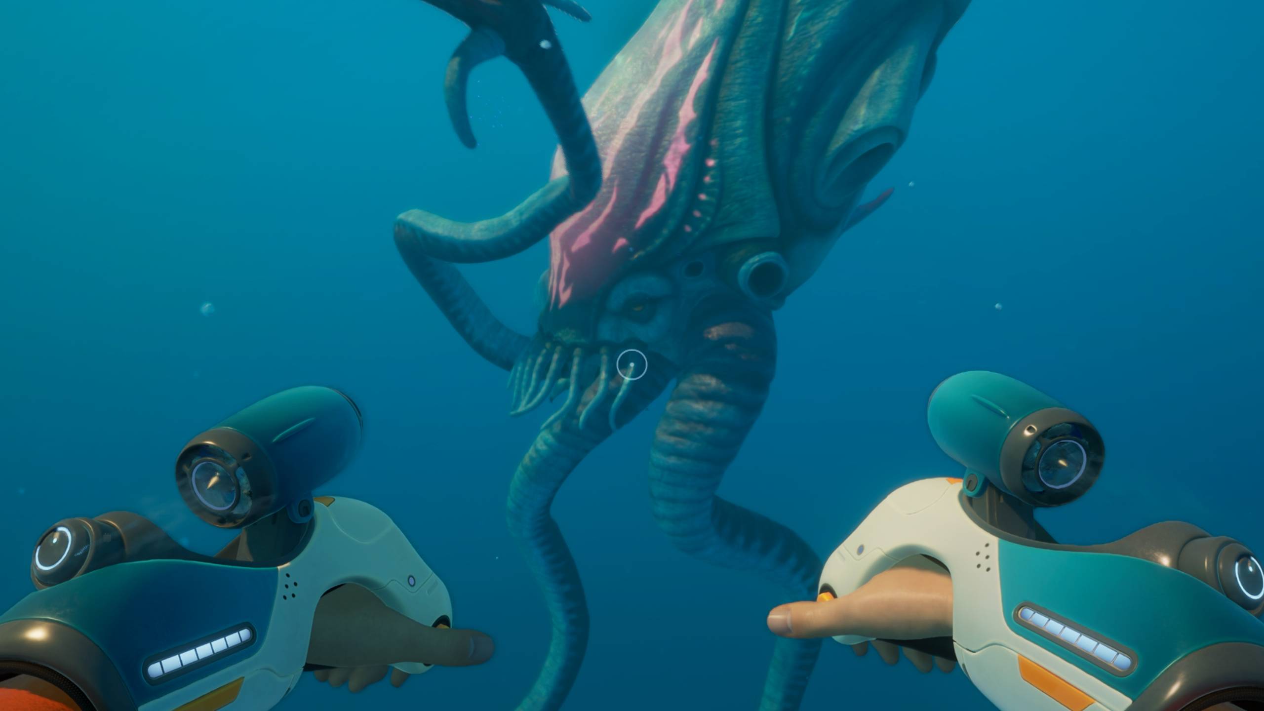 Subnautica 2 Biomods: A player using the Wakemaker looking at a Collector Leviathan in the distance.