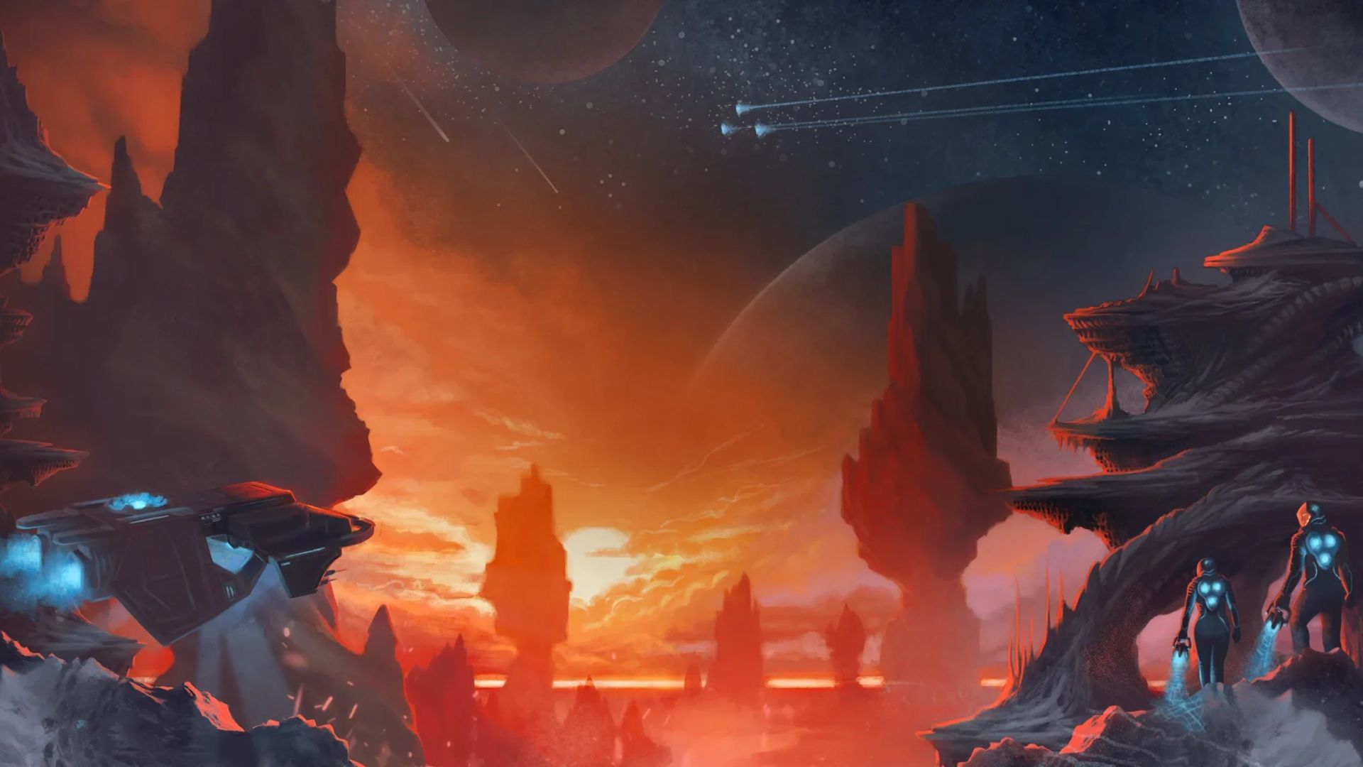 A pair of astronauts on an alien world see the lights of three spaceships overhead