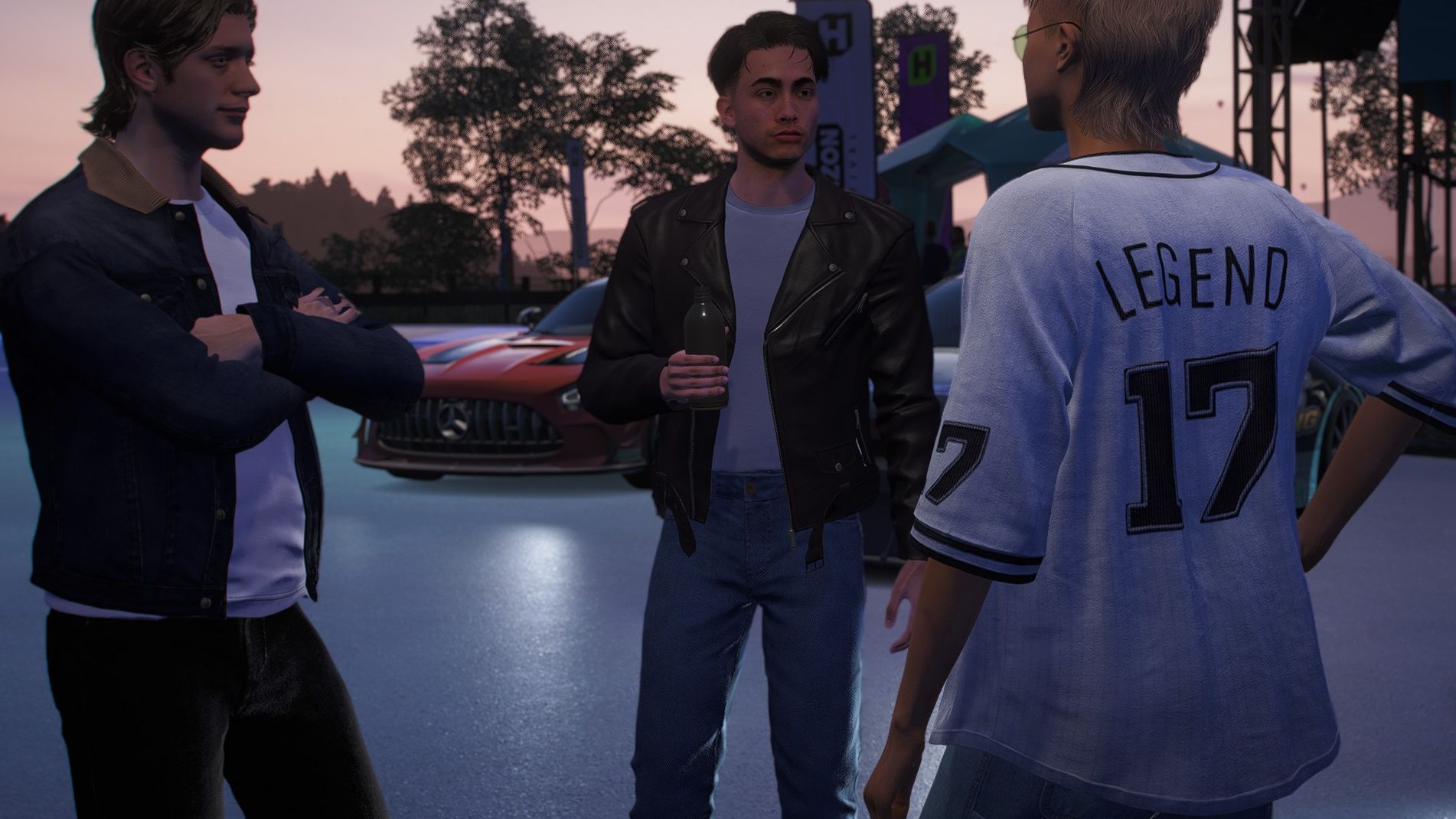 Three Horizon racers stand around the festival ground.