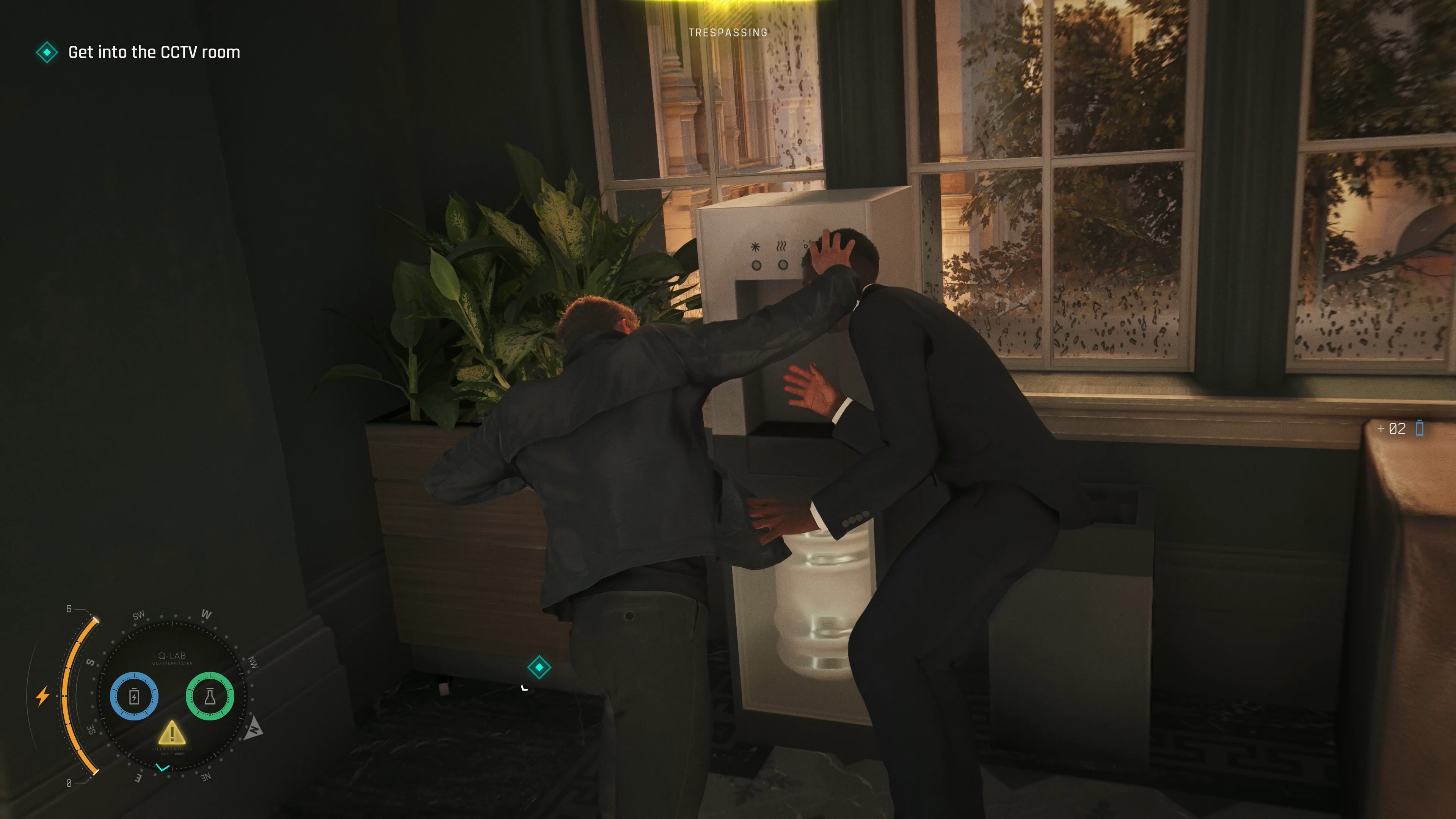 Bond smashes a guy's head into a water cooler.