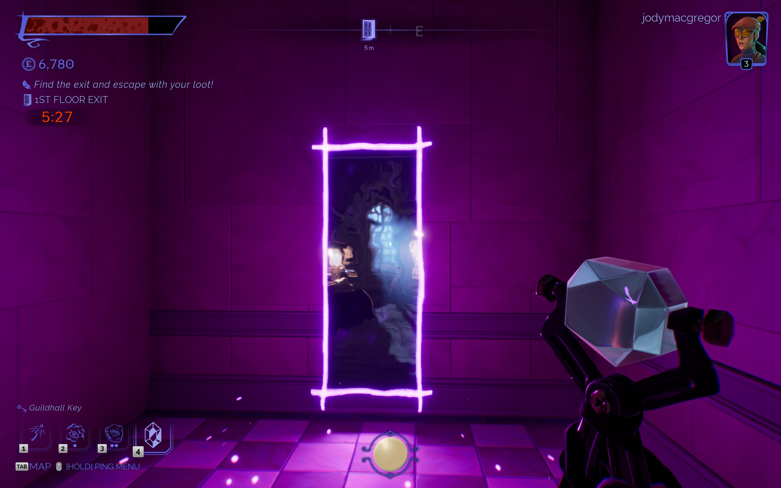 A thief holding a gem approaches a glowing magical door
