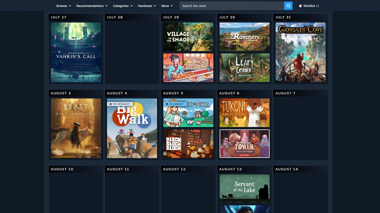 Steam Personal Calendar page showing a month calendar with a couple games launching most days that I might like and some empty days.