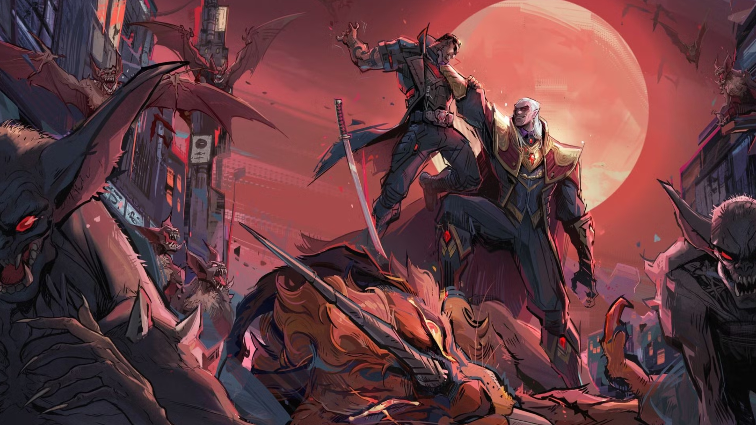 Marvel Rivals Season 2 release date - Artwork showing Dracula holding Blade by the throat in a crumbled city infested with vampire bats.