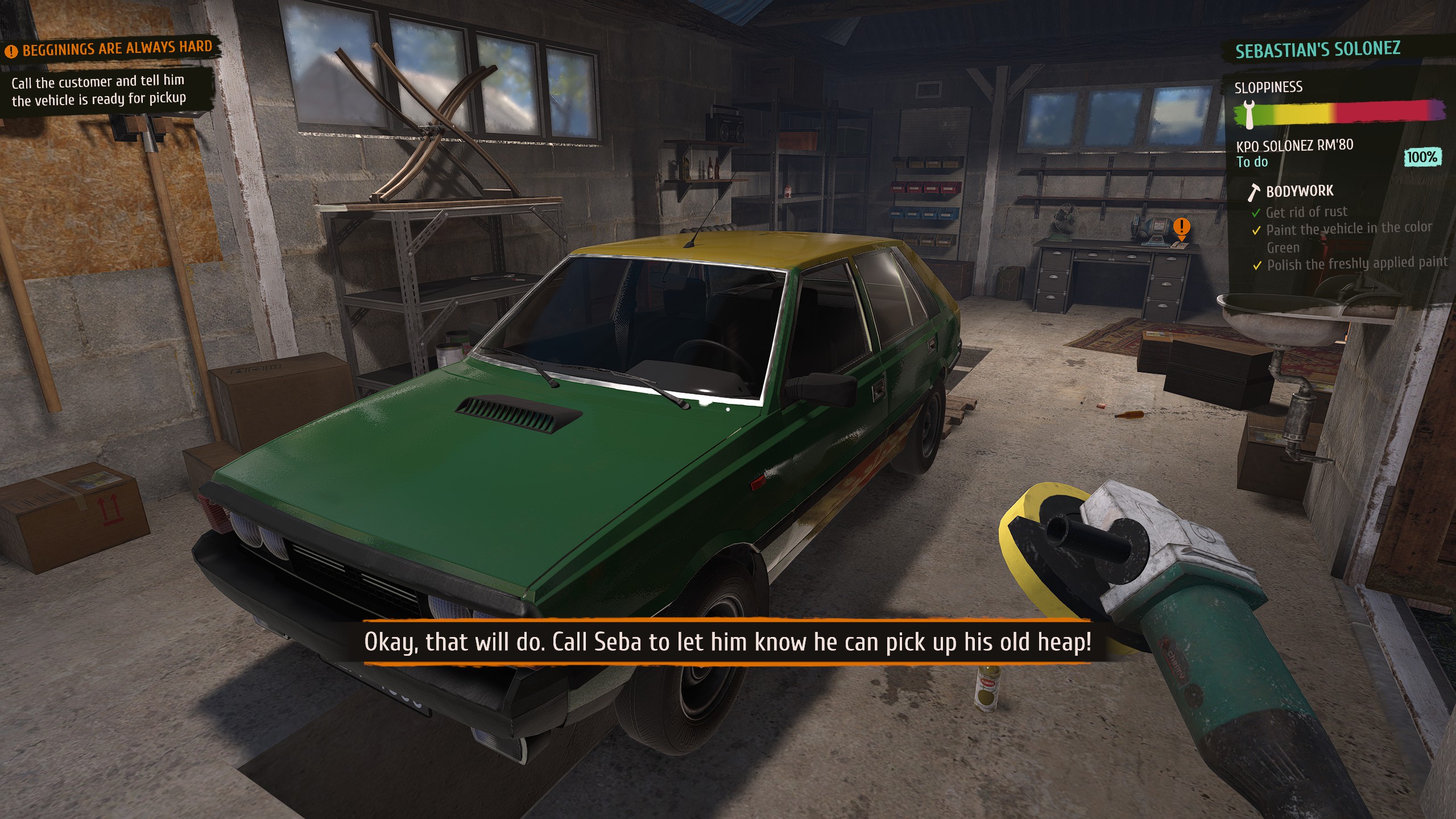 A car painted green and yellow, shoddily.