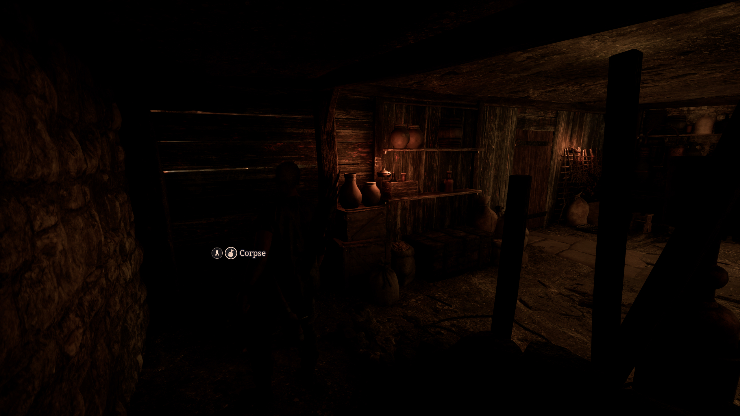 Gothic Remake New Camp: A player looking at Bran's corpse in the dark basement of the tavern.