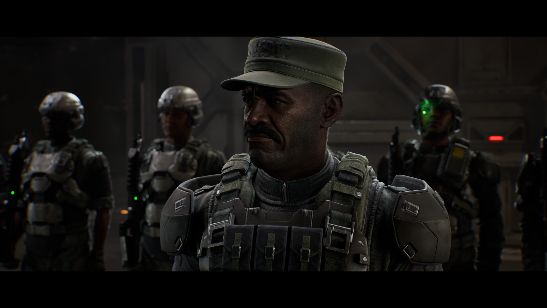 Halo Campaign Evolved: Sgt. Johnson standing in front of marines in a hangar.