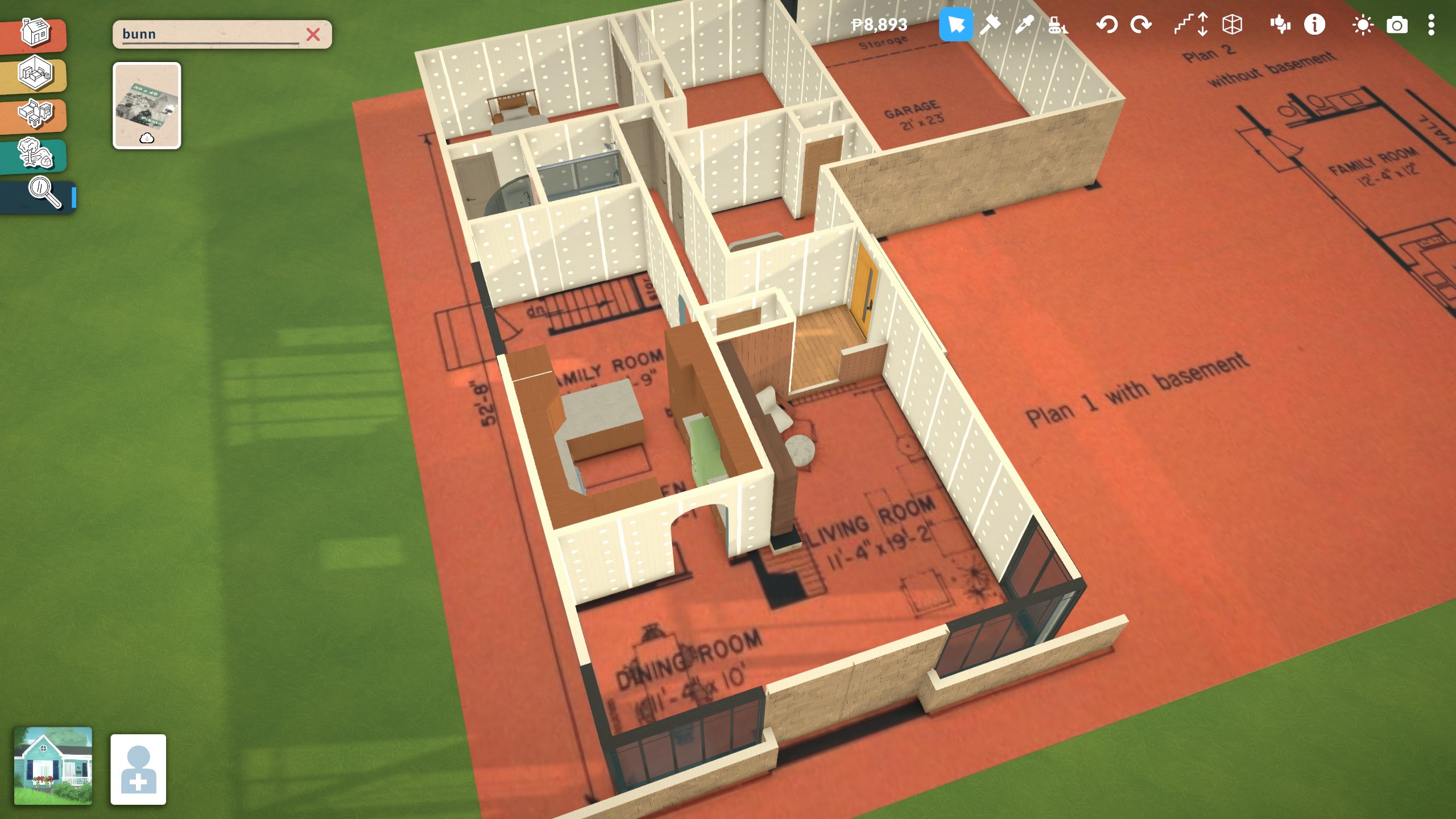 Paralives - A completed house floor plan built on top of an image of a house blueprint.