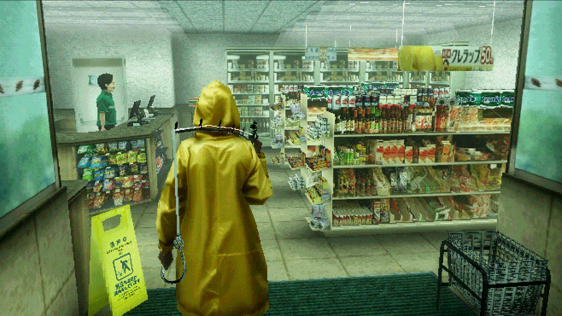 Entering the convenience store in About Fishing.