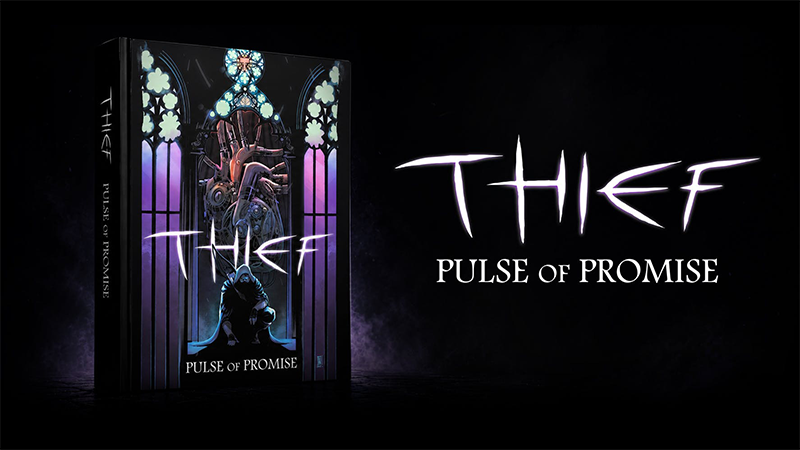 Promo Art of the graphic novel Thief: Pulse of Promise, showing an image of the cover feature Garrett crouched in front of a large, mechanical heart.