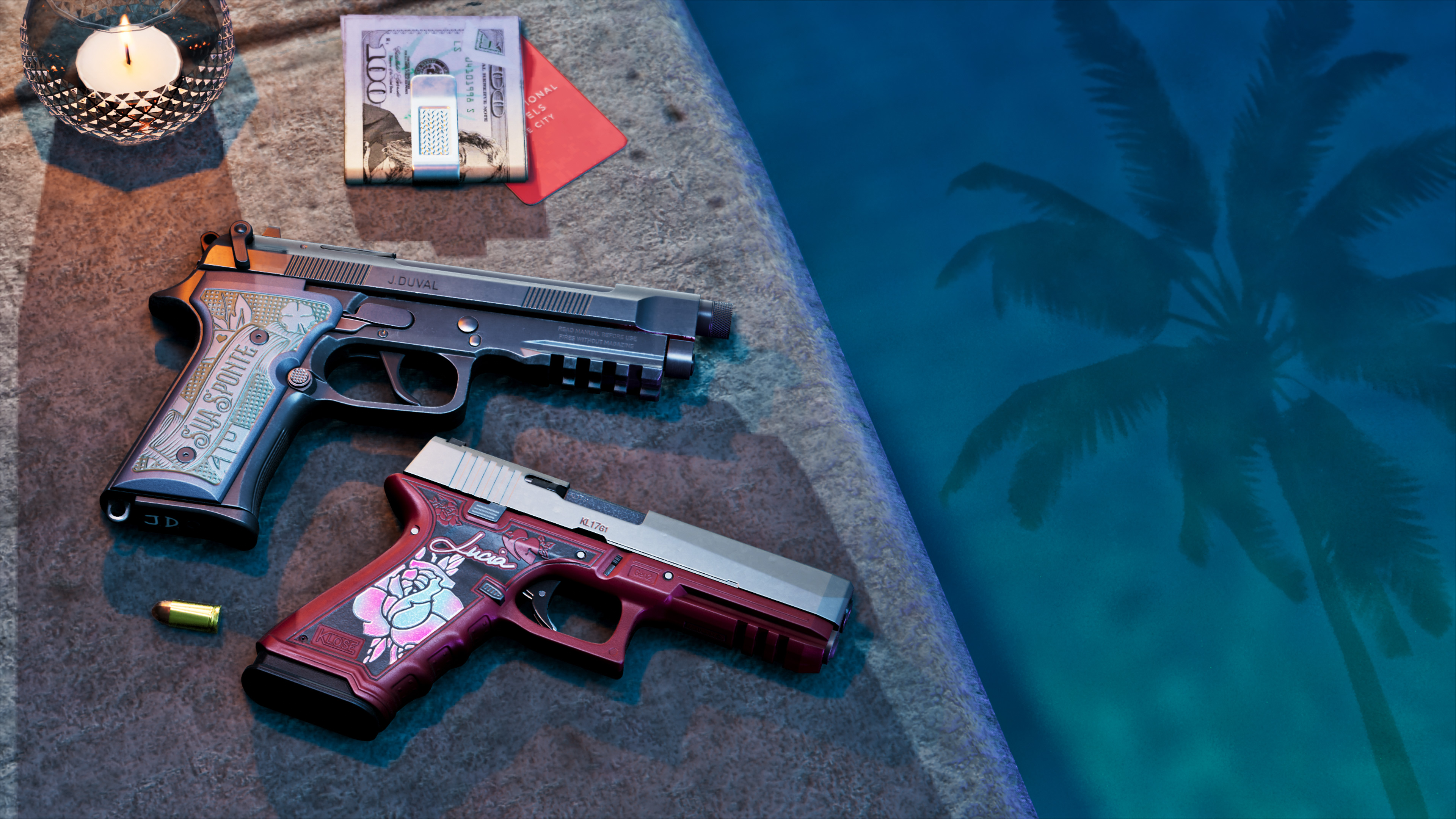 Customised semi-auto pistols.