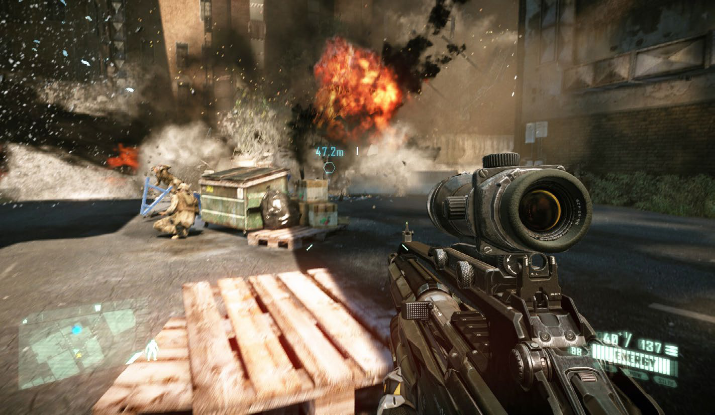 A screenshot of Crysis 2 where the player totes a sniper rifle. Explosions go off in the background.