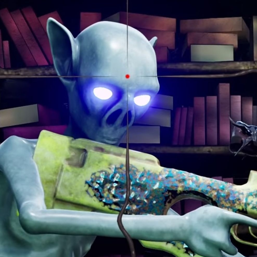 A goblin from Goblin America with a red sniper dot on its head.