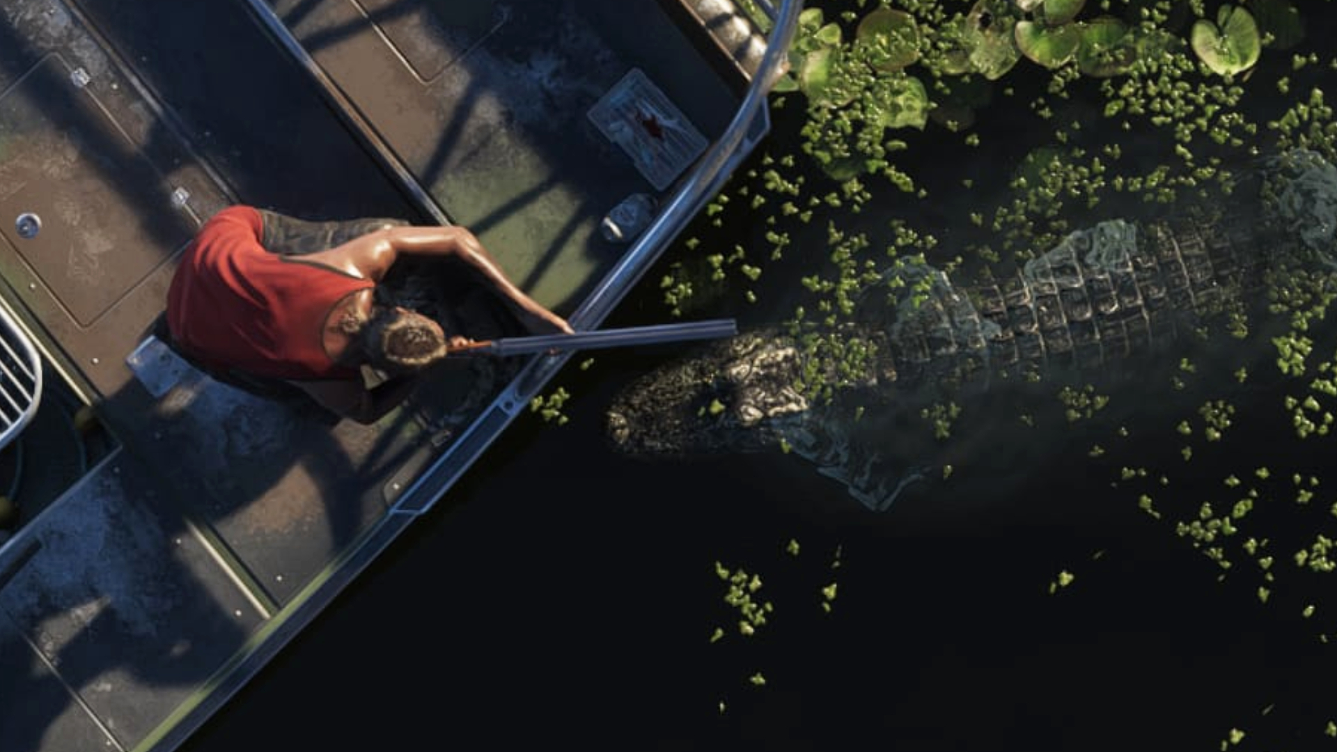 GTA 6 weapons: An aerial shot of a hunter aiiming a double barreled shotgun at an aligator.