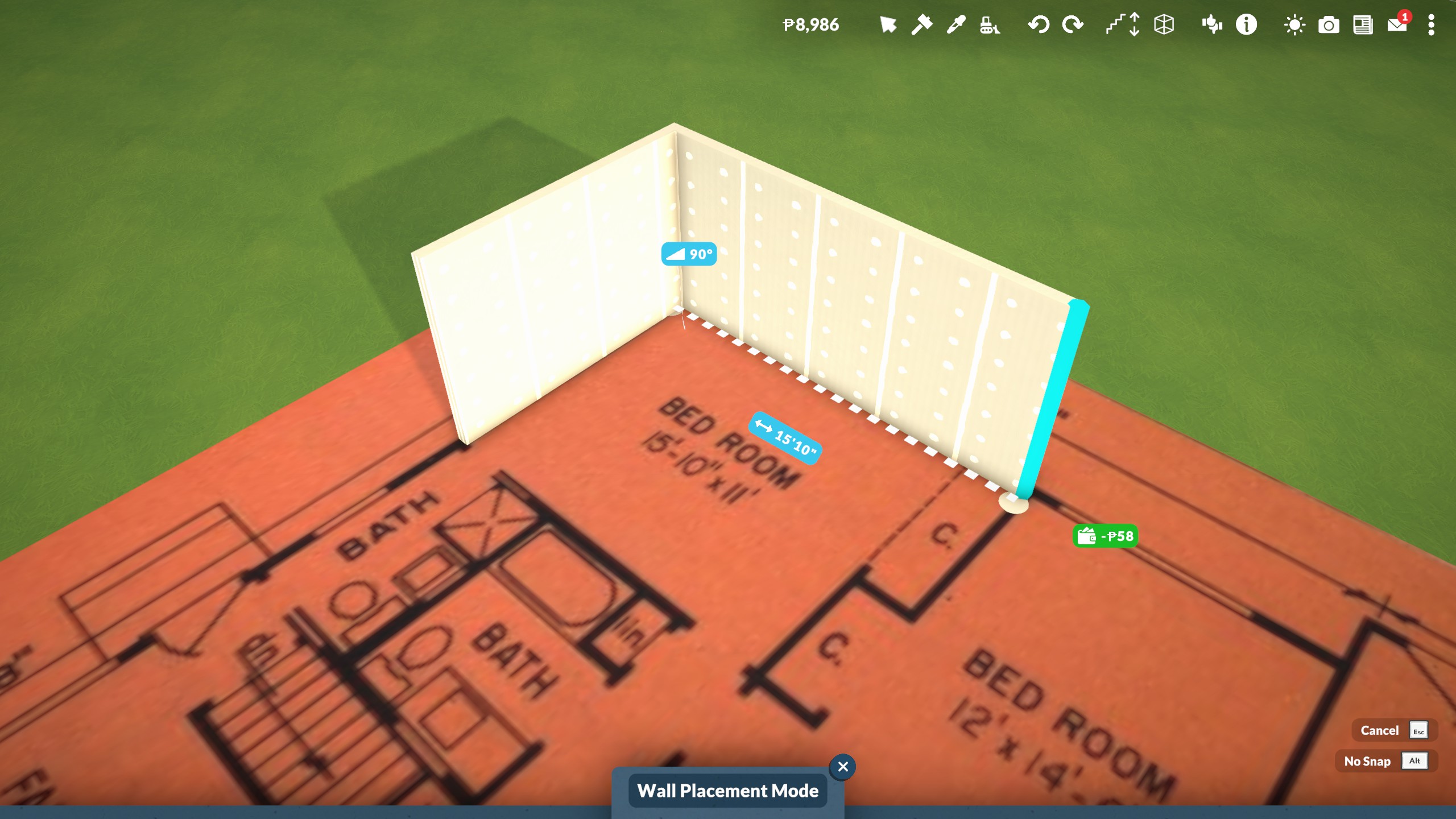 Paralives - two perpenducilar walls bring built over top of an image of a real life blueprint. The wall being built measures 10'11" to match the blueprint.