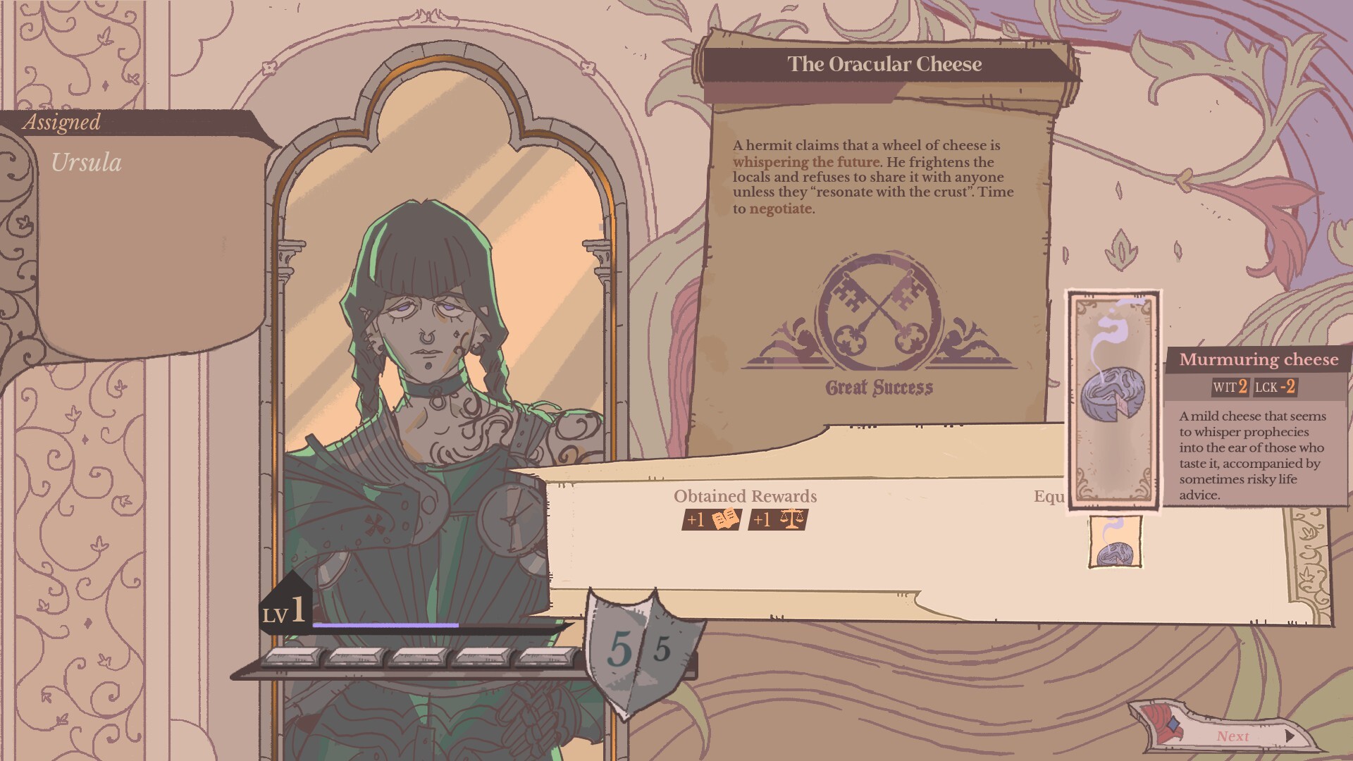 Reading the summery of a knight's quest log.