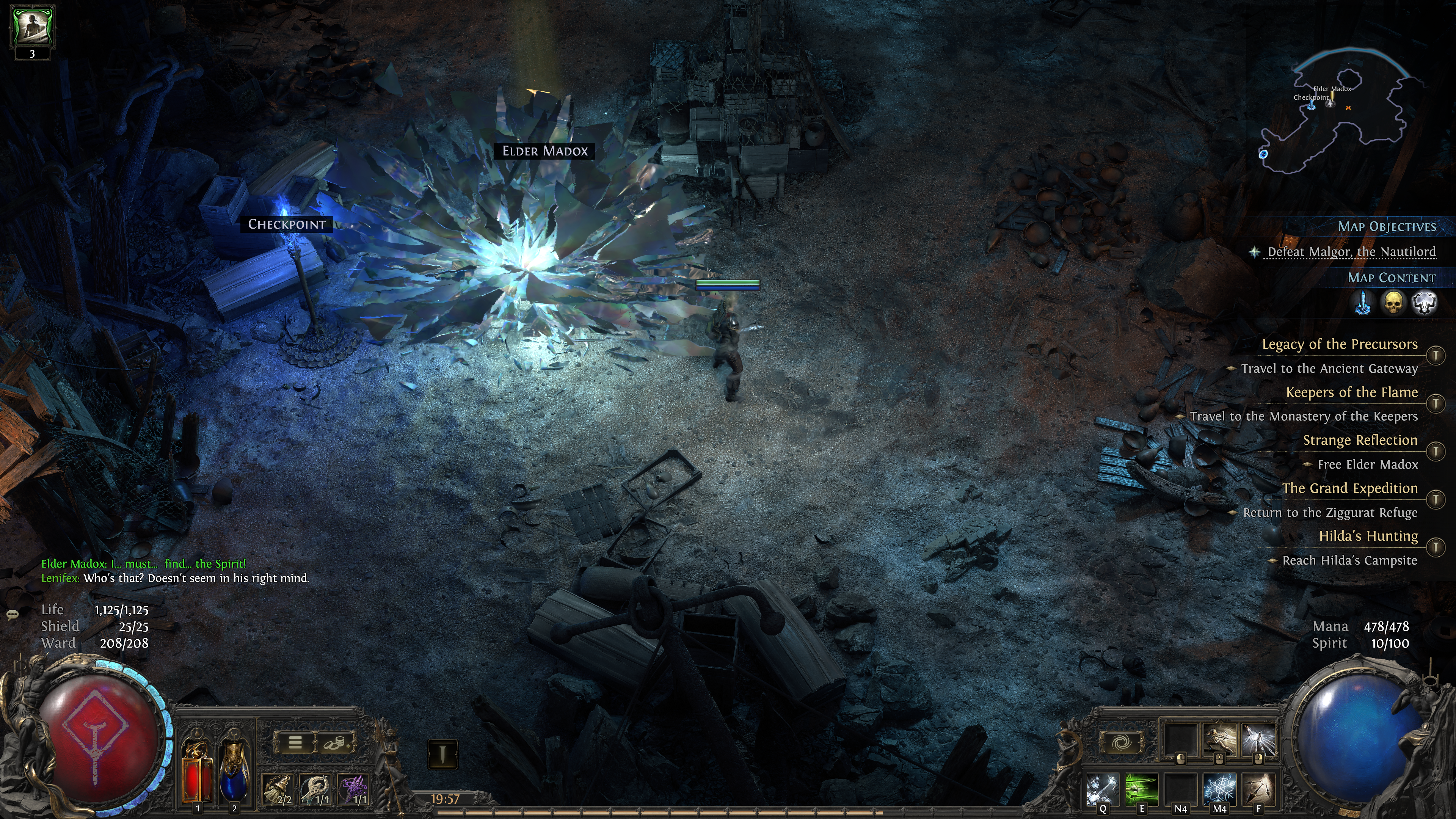 A Path of Exile 2 character standing in front of a shattered mirror and a man.