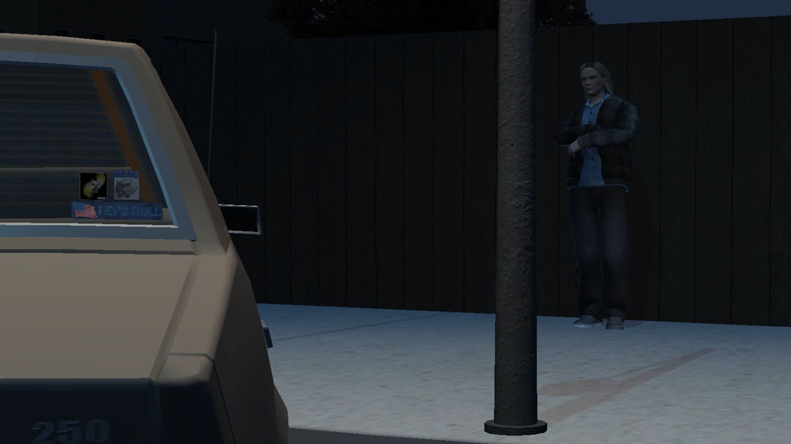 A woman leans against a fence in the dark.