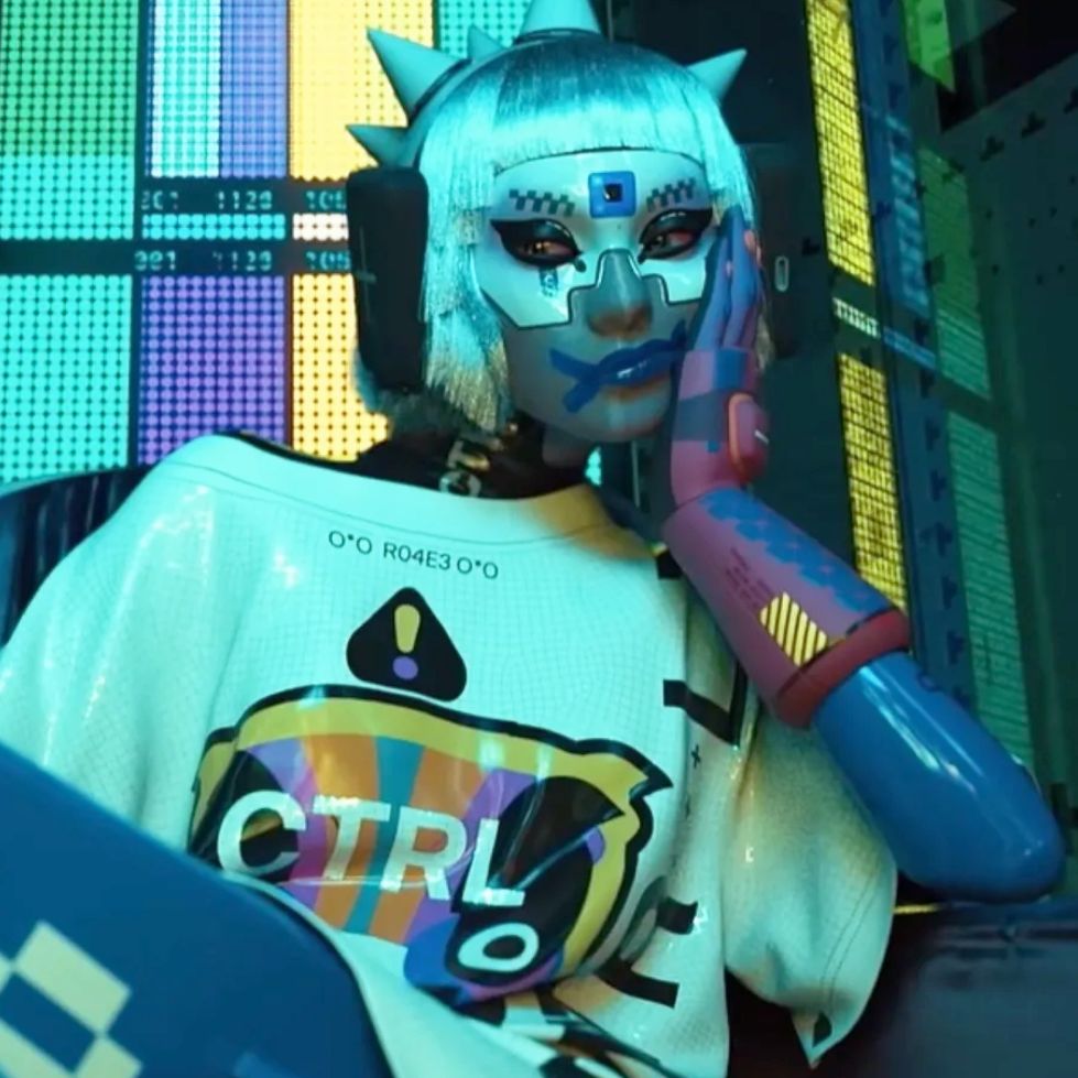 Marathon: A punk Vandal sitting in a chair hold her head up with her left hand.