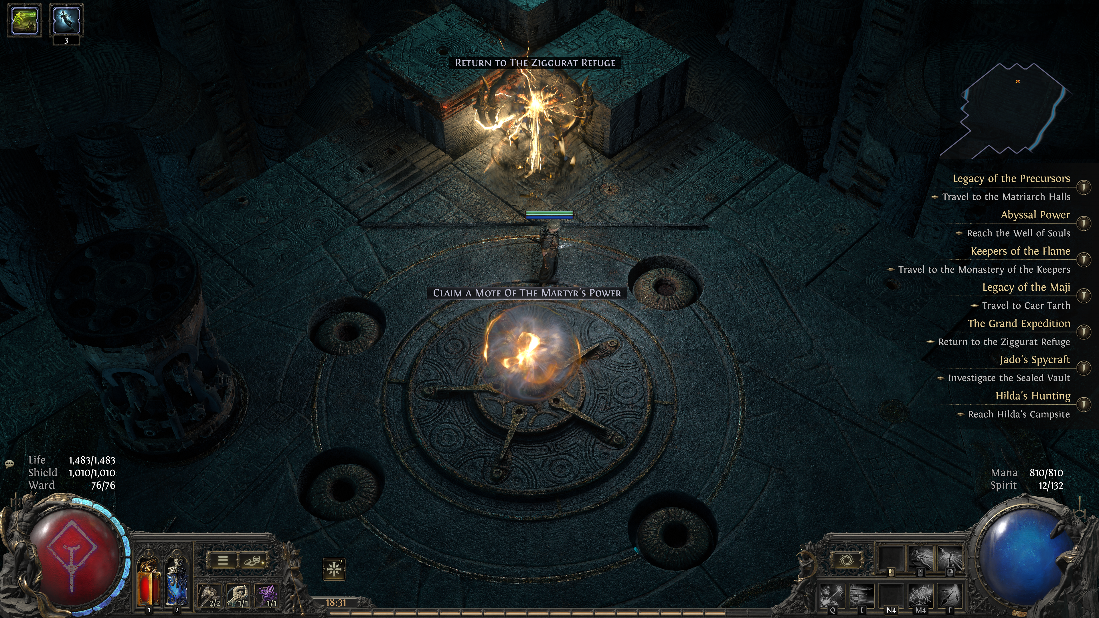 A screenshot of Path of Exile 2. A character stands in a dark room next to a glowing orb that will grant them a free passive skill tree point.