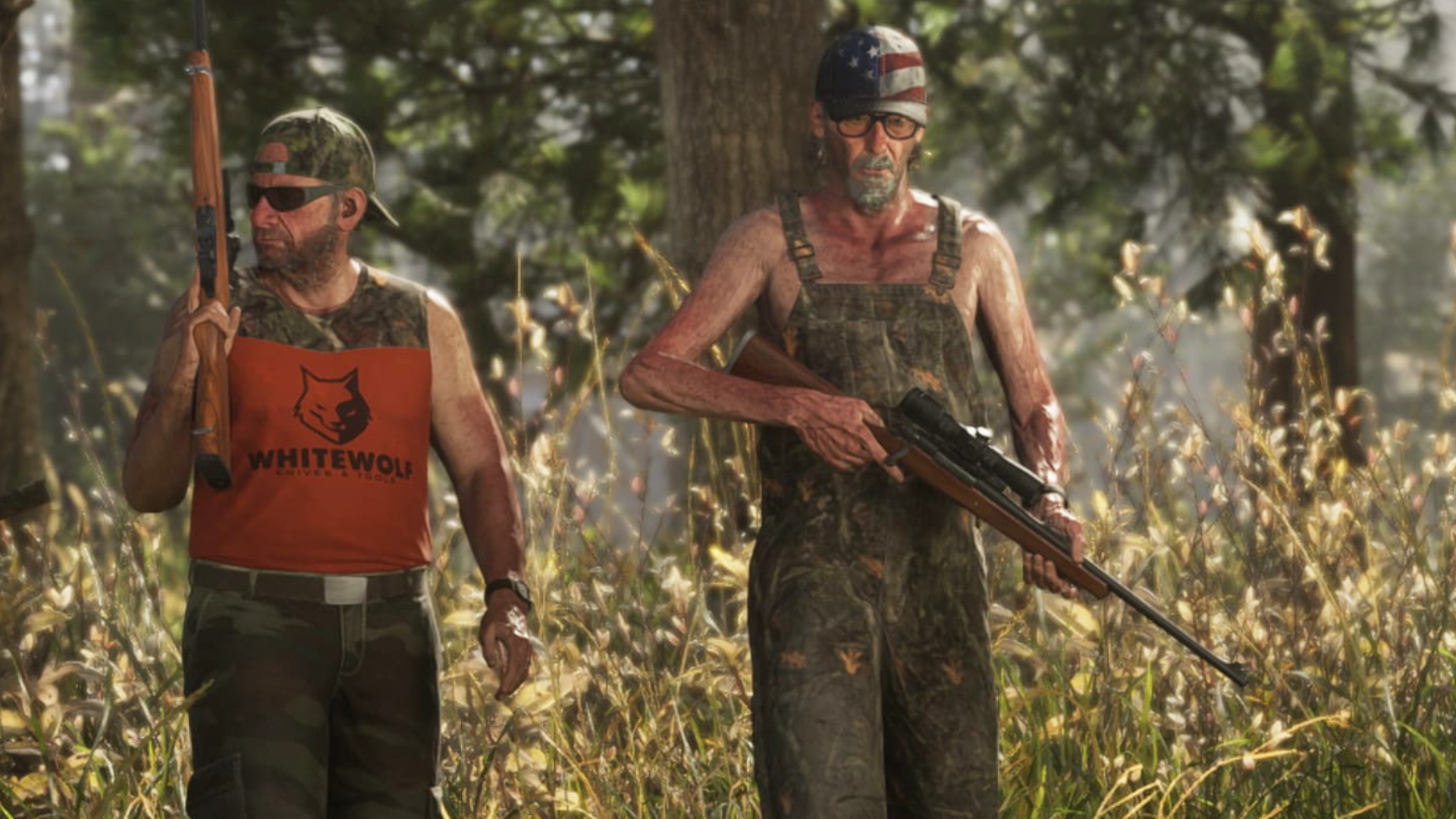 GTA 6 weapons: Two hunters walking through the woods with sniper rifles.