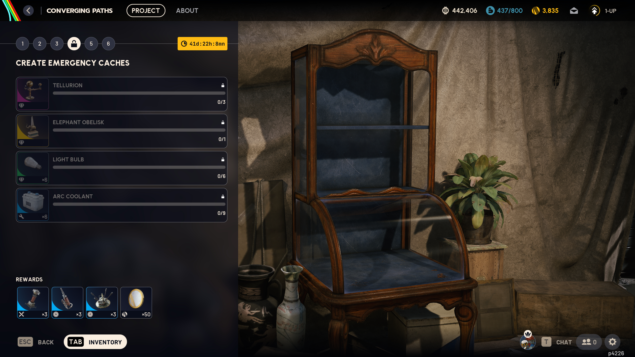 Arc Raiders Converging Paths: The project overview screen, showing the steps required and the various rewards available for the fourth stage.