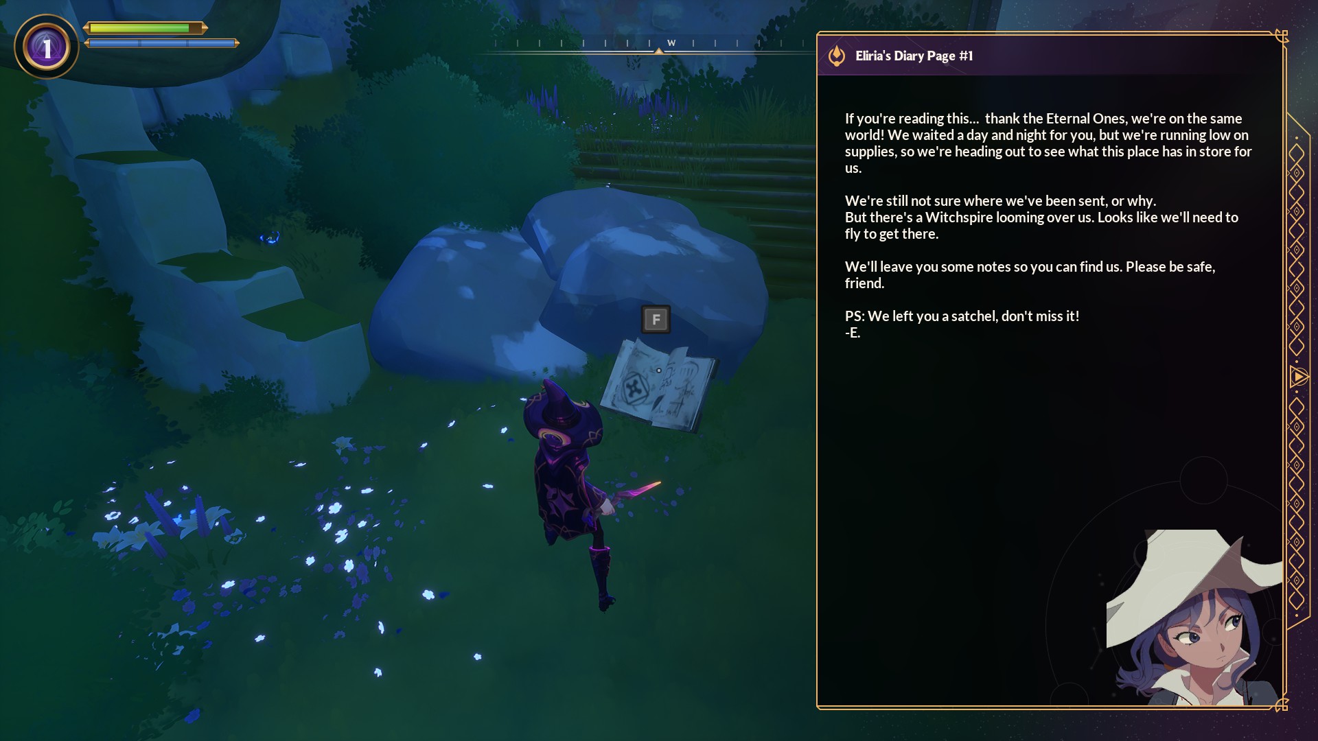 Various screenshots from Witchspire, displaying gameplay elements such as crafting, survival, and combat.