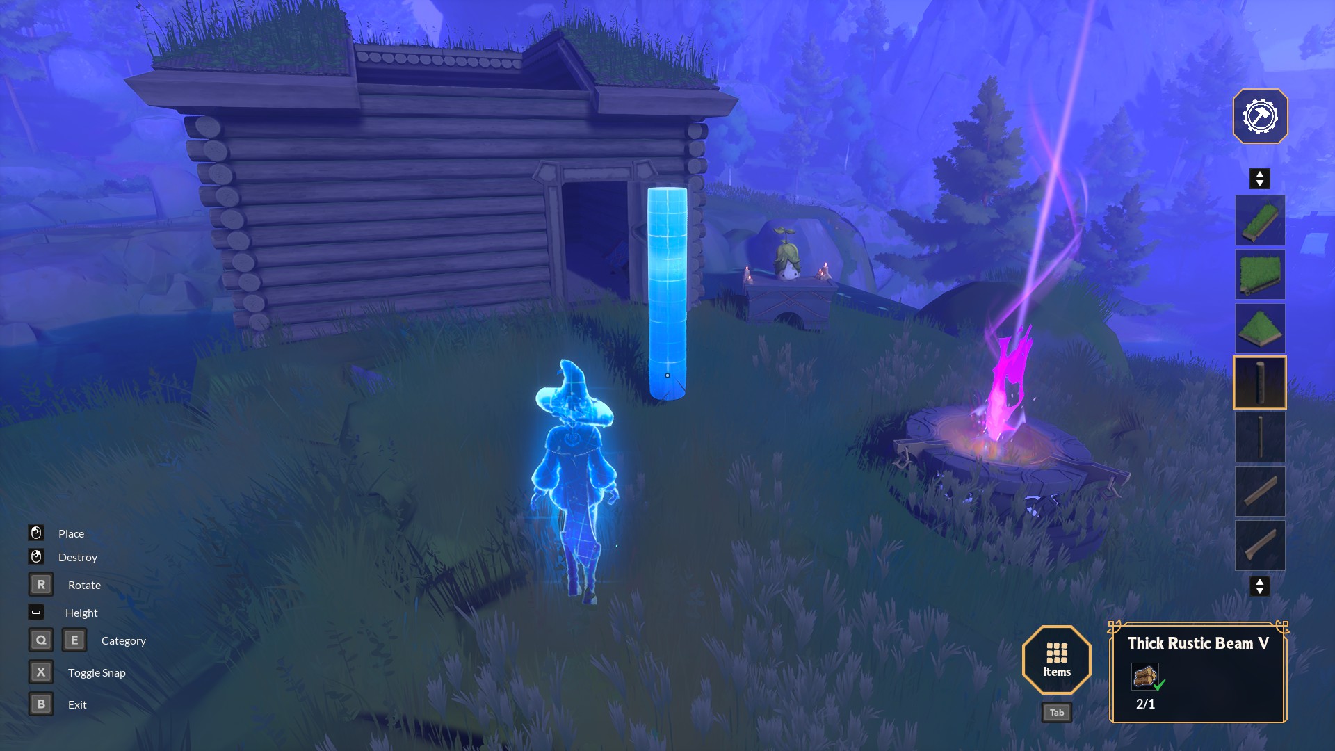 Various screenshots from Witchspire, displaying gameplay elements such as crafting, survival, and combat.