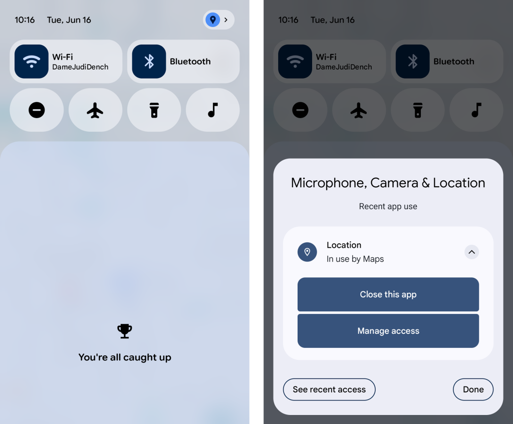 Android 17 Location Indicator screens with manage access button