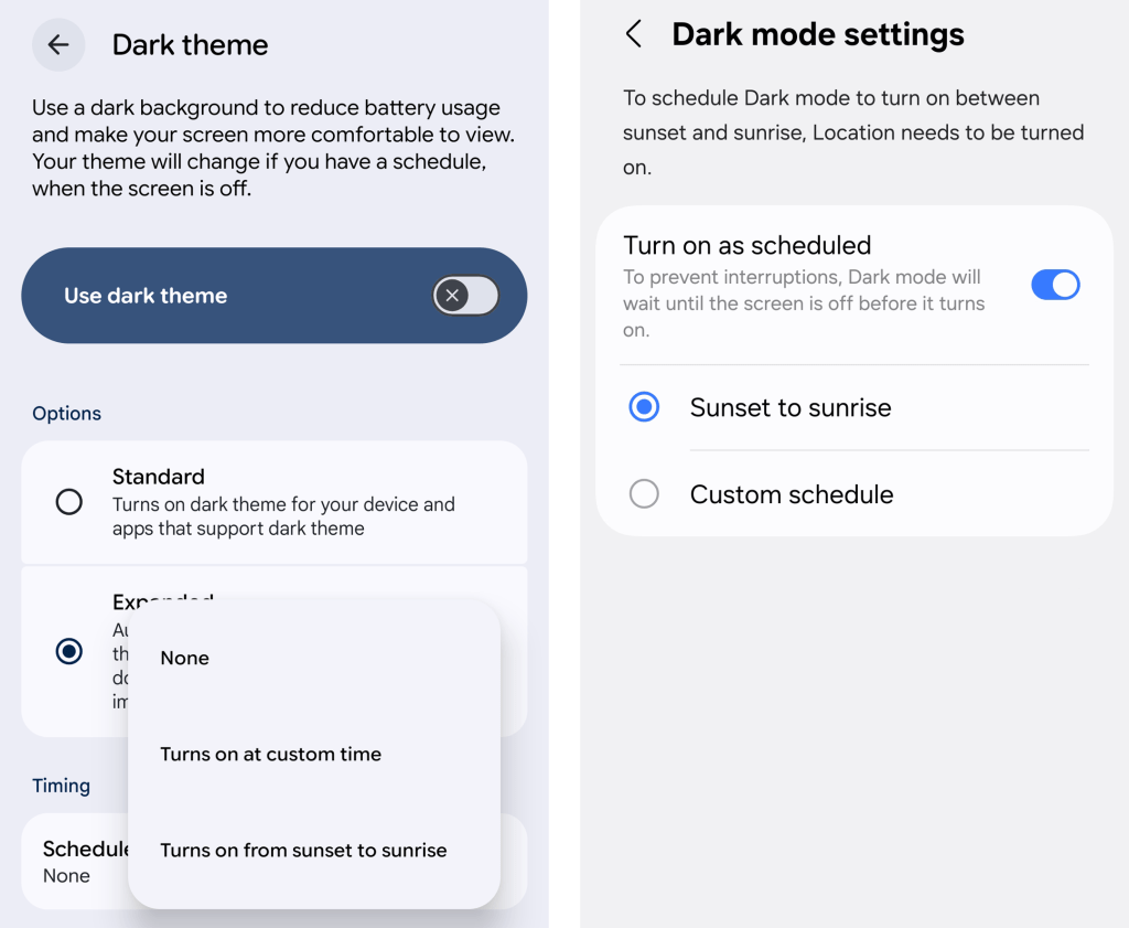 Android dark mode schedule