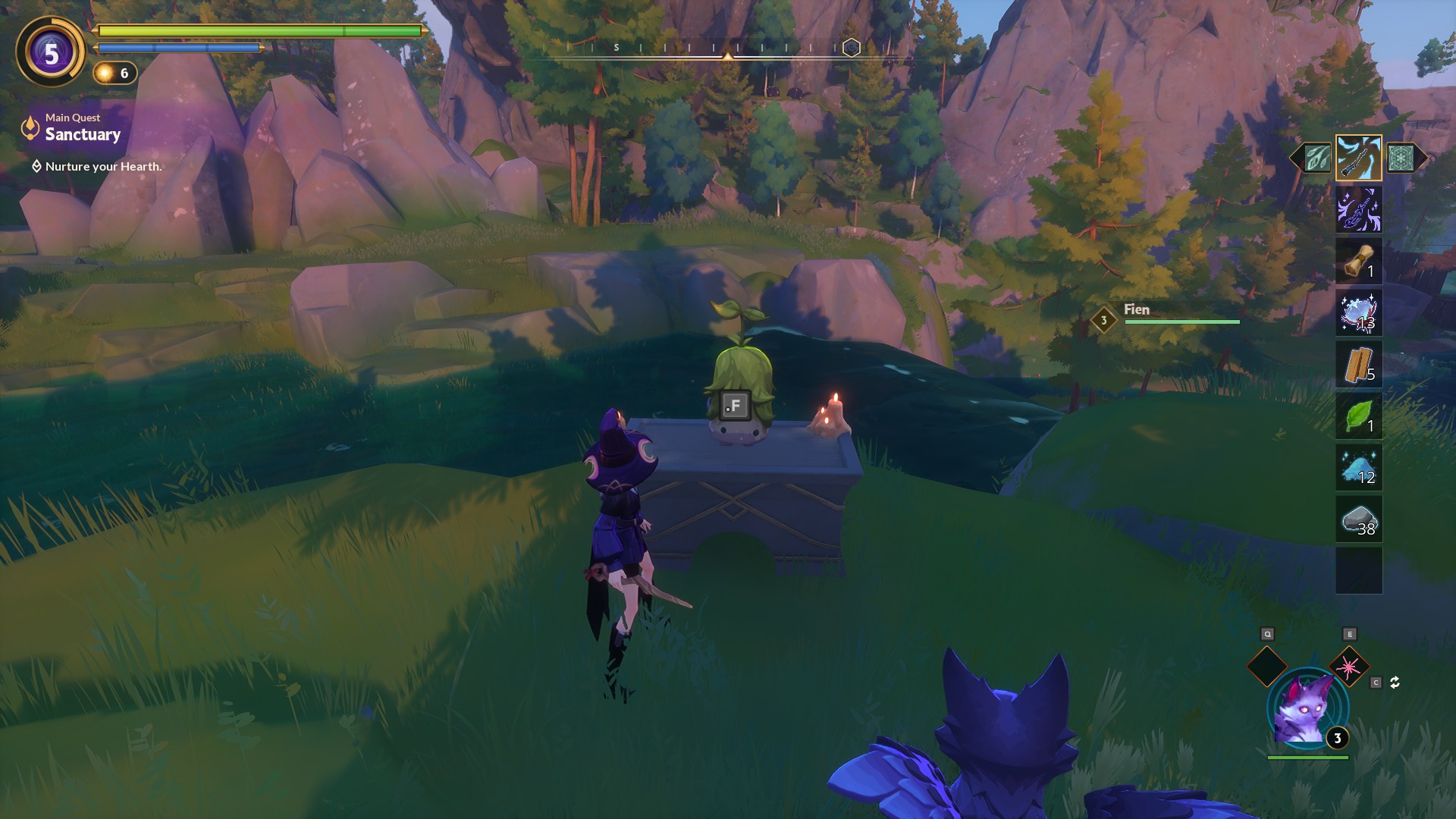 Various screenshots from Witchspire, displaying gameplay elements such as crafting, survival, and combat.