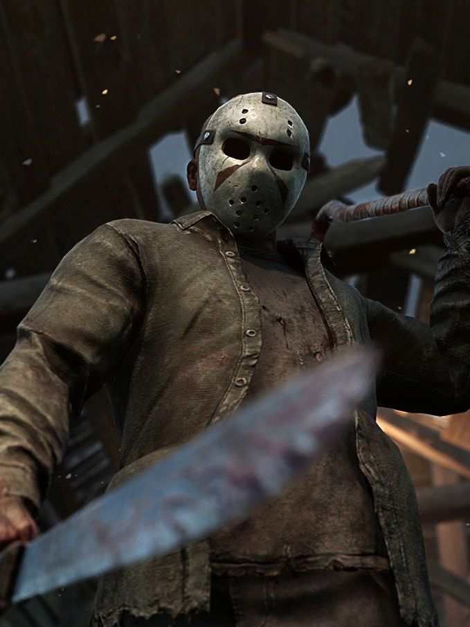 Dead by Daylight - Jason's Dead by Daylight model looking down at the camera and holding a machete