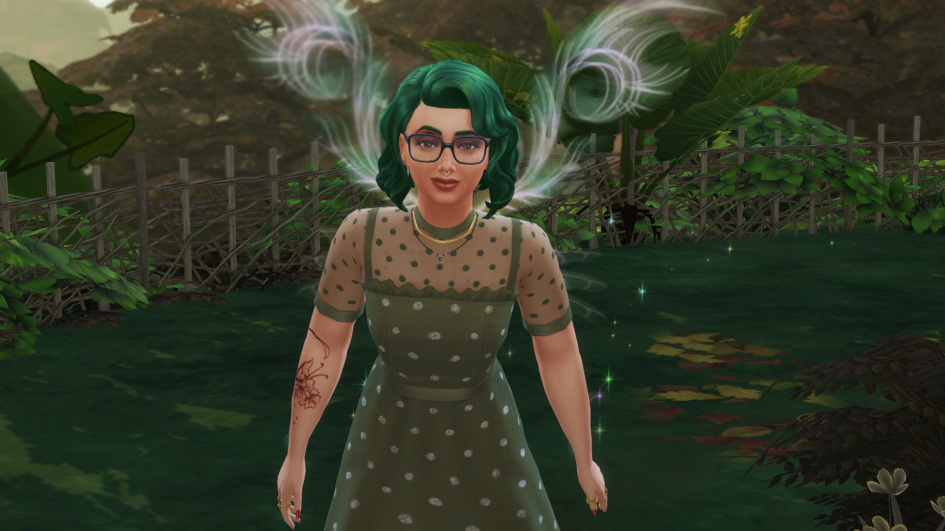 A fairy with green hair, green wings, and a green dress as she flies toward the camera in The Sims 4's Enchanted by Nature expansion.