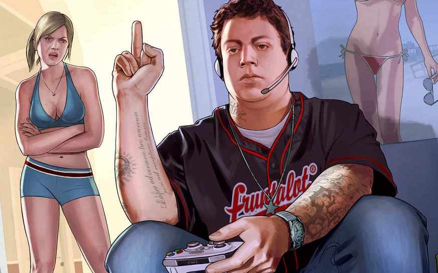 Grand Theft Auto 5 - A young man playing a video game flips off his sister who looks angry.