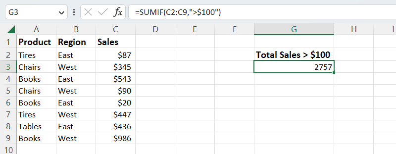 screenshot of excel spreadsheet with formula that uses sumif function