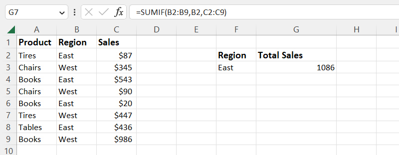 screenshot of excel spreadsheet with sumif formula that uses both a criteria range and a sum range