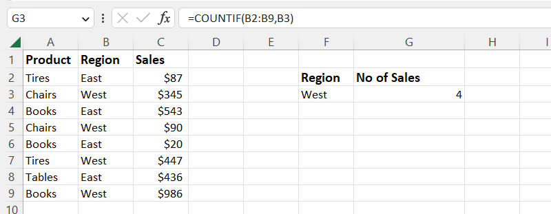 screenshot of excel spreadsheet with formula using countif function