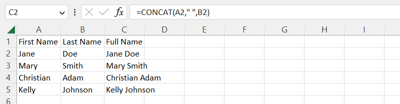 screenshot of excel spreadsheet with formula that uses concat function