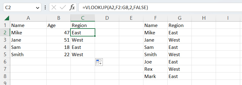 screenshot of excel spreadsheet with formula that uses vlookup function