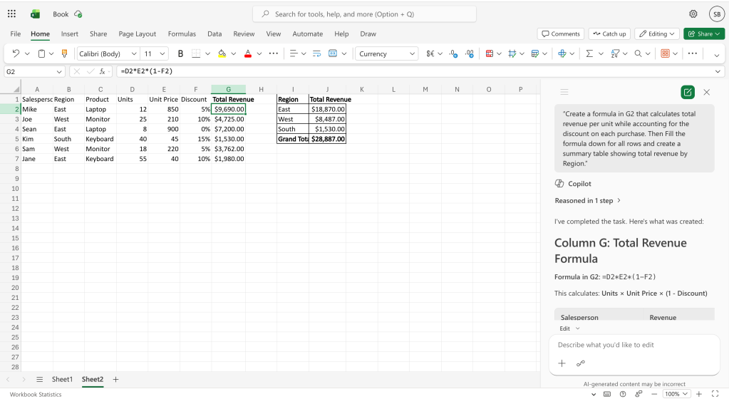 screenshot of excel spreadsheet with new column of calculated values and a new summary table added - copilot prompt and explanation are in right sidebar