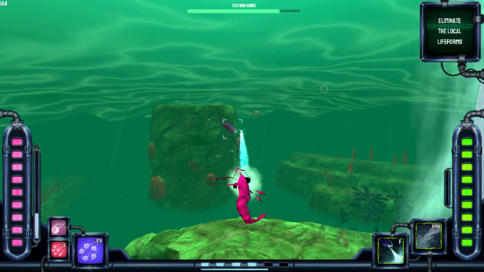 Firing an ice beam at a squid in Shrimp Game.
