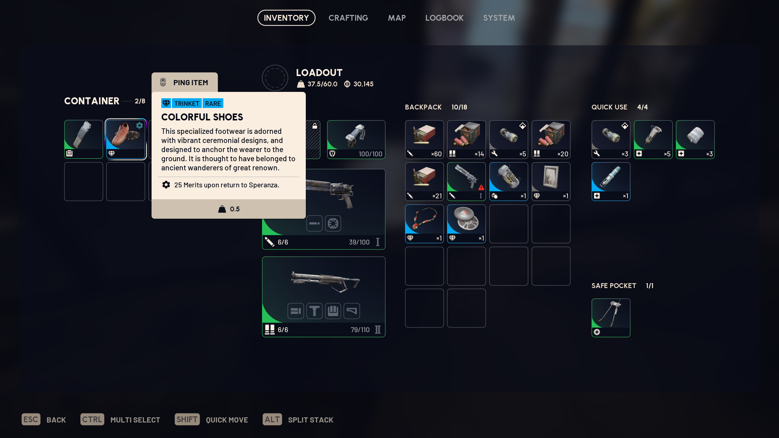 Arc Raiders Forgotten Relics: A player inspecting the rare-quality Colorful Shoes trinket in a container's inventory.